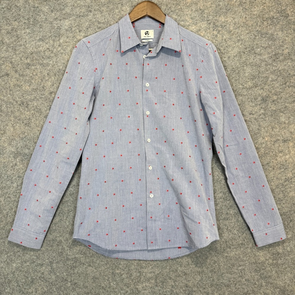 Paul Smith Heart Embroidered Button Shirt Mens Small Slim Fit Blue Red AOP